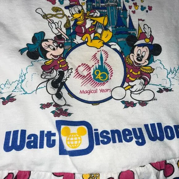 Vintage Walt Disney World Magic Kingdom Mickey ears ruffled tiered AOP girls